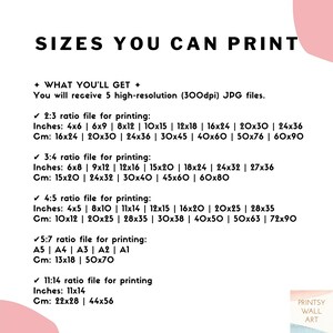 May include: A printable art guide with the text "Sizes You Can Print" and a list of different aspect ratios and corresponding sizes in inches and centimeters. The guide includes ratios such as 2:3, 3:4, 4:5, 5:7, and 11:14.