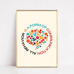 May include: A framed print with a colorful speech bubble design and the text "All behavior is a form of communication".