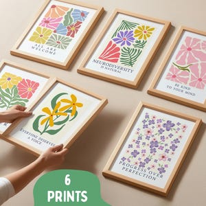 Lot de 6 affiches de bureau de thérapie Marché aux fleurs Neurodiversité Signes floraux Conseil TDAH Art mural Dictons de psychologue sur la santé mentale