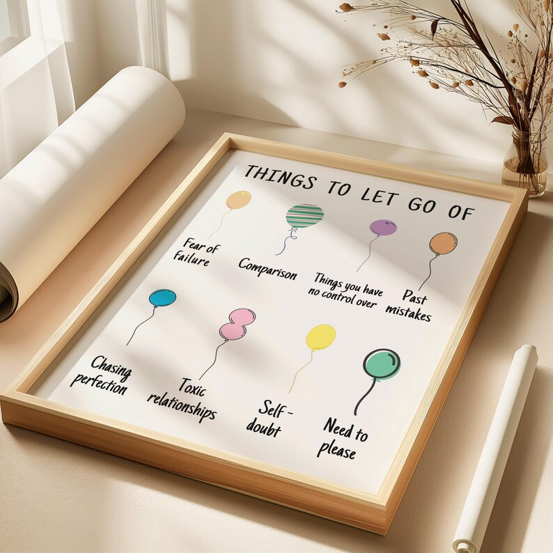 May include: A motivational poster with a white background and a wooden frame. The poster features a list of things to let go of, each represented by a colourful balloon. The text includes "Things to Let Go Of", "Fear of Failure", "Comparison", "Things you have no control over", "Past Mistakes", "Chasing Perfection", "Toxic Relationships", "Self-Doubt", and "Need to Please".