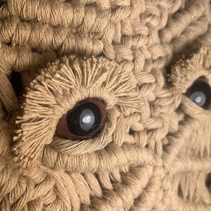 May include: Close-up of a macrame wall hanging with two large eyes made of brown yarn and black beads. The eyes are surrounded by a fringe of brown yarn.