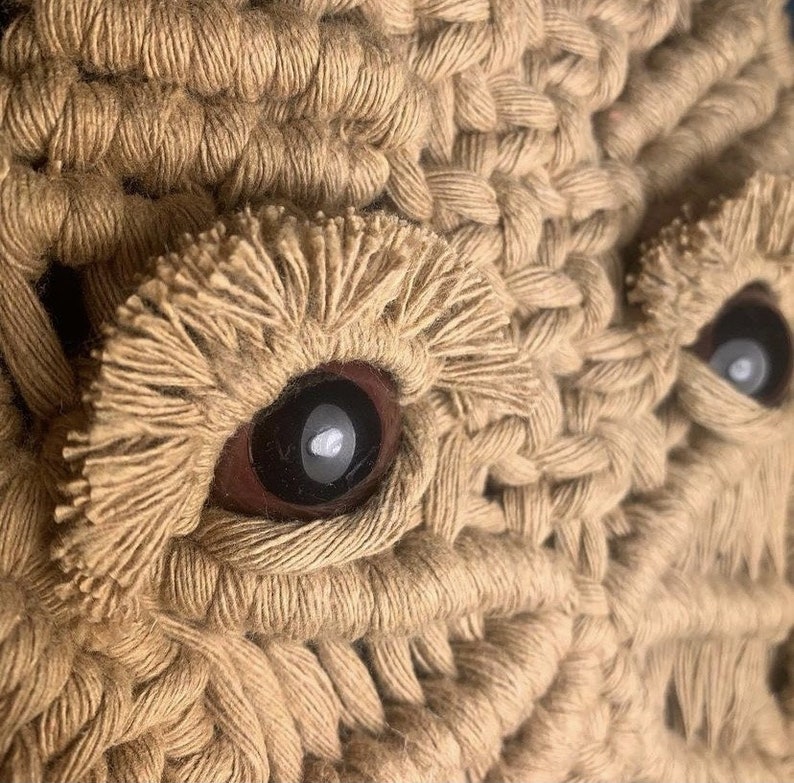 May include: Close-up of a macrame wall hanging with two large eyes made of brown yarn and black beads. The eyes are surrounded by a fringe of brown yarn.