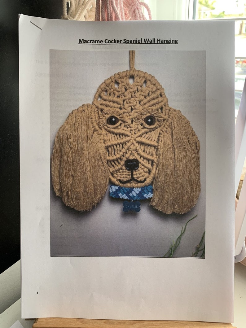 May include: A macrame wall hanging of a cocker spaniel dog with brown fur, blue eyes, and a blue and white collar with a tag that says "Charlie".