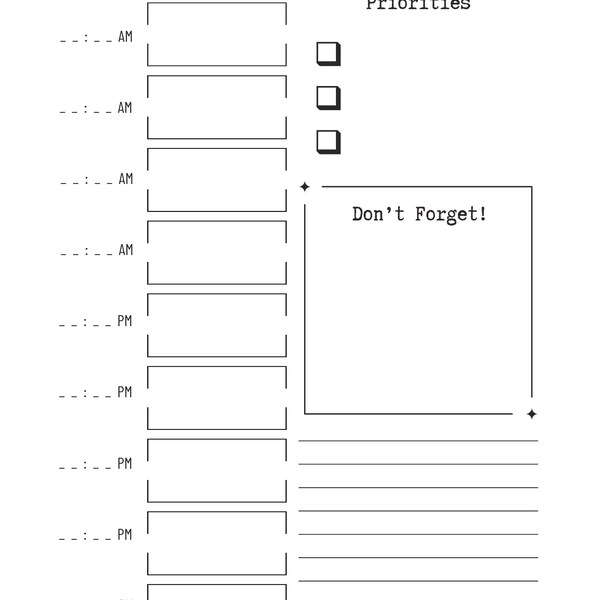 Daily Schedule, Day Planner, To do list | Digital Print, Printable Planner, Organization Tools, Black and White, Minimalist