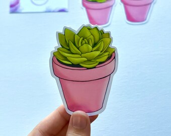 Pink Potted Succulent Plant Sticker Waterproof Laminated Houseplant Aesthetic Art Illustration Laptop Sticker
