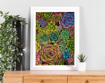 Succulent Garden Botanical Art Print Original Limited Giclee Wall Decor Colorful Flower Cactus Drawing Painting