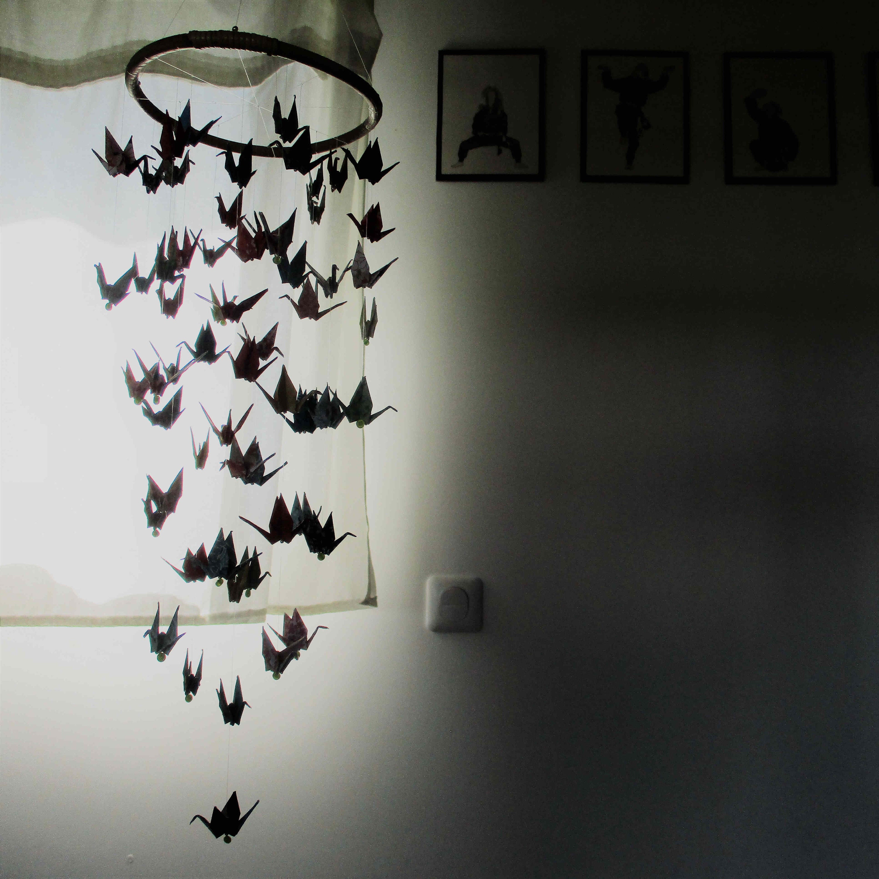 Mobile Coloré, 62 Grues en Origami et Perles Couleur Vert Anis