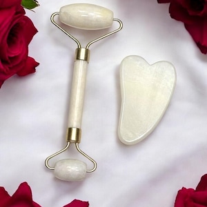 Facial Roller & Gua Sha Set | Face Massage Beauty Tool | Black or White Stone | Self Care Gift