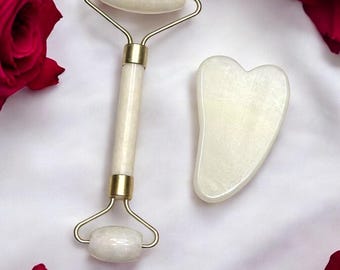 Facial Roller & Gua Sha Set | Face Massage Beauty Tool | Black or White Stone | Self Care Gift