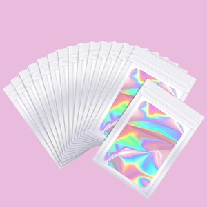 25 Holographic Foil Zipper Bags, 4x6 Resealable Pouches White Holographic