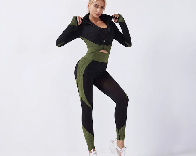 Workout Set for Women | Leggings, Sports Bra, Yoga Jacket | Athletic Fitness Outfit