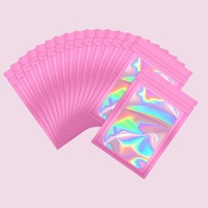 25 Holographic Foil Zipper Bags, 4x6 Resealable Pouches Pink Holographic