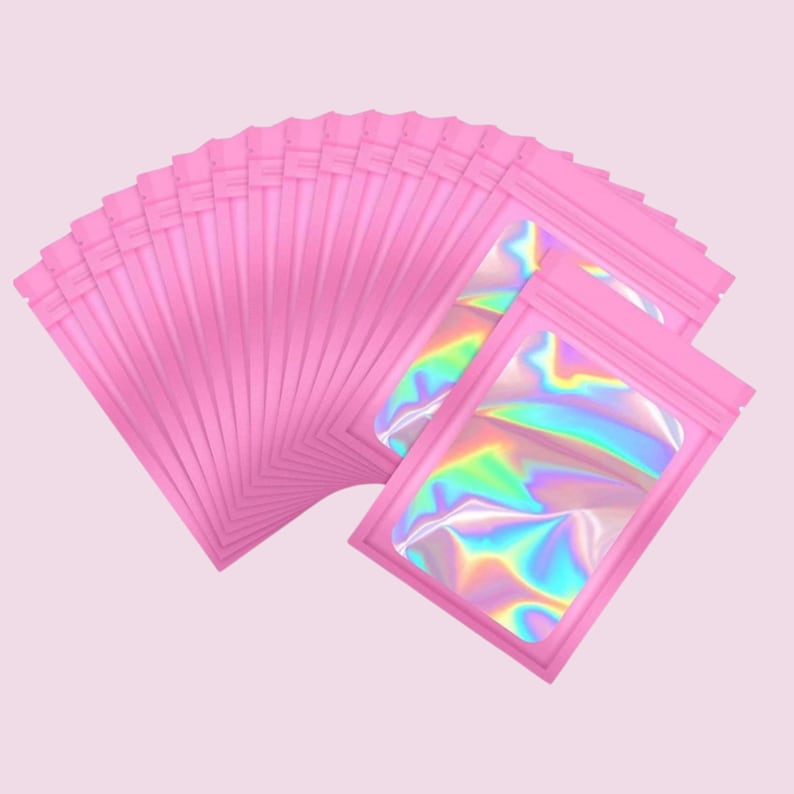 25 Holographic Foil Zipper Bags, 4x6 Resealable Pouches Pink Holographic