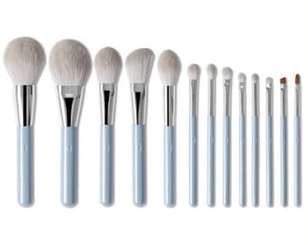 Makeup brushes set of 13 pieces synthetic material blue color, apply foundation, blush, powder, face contouring