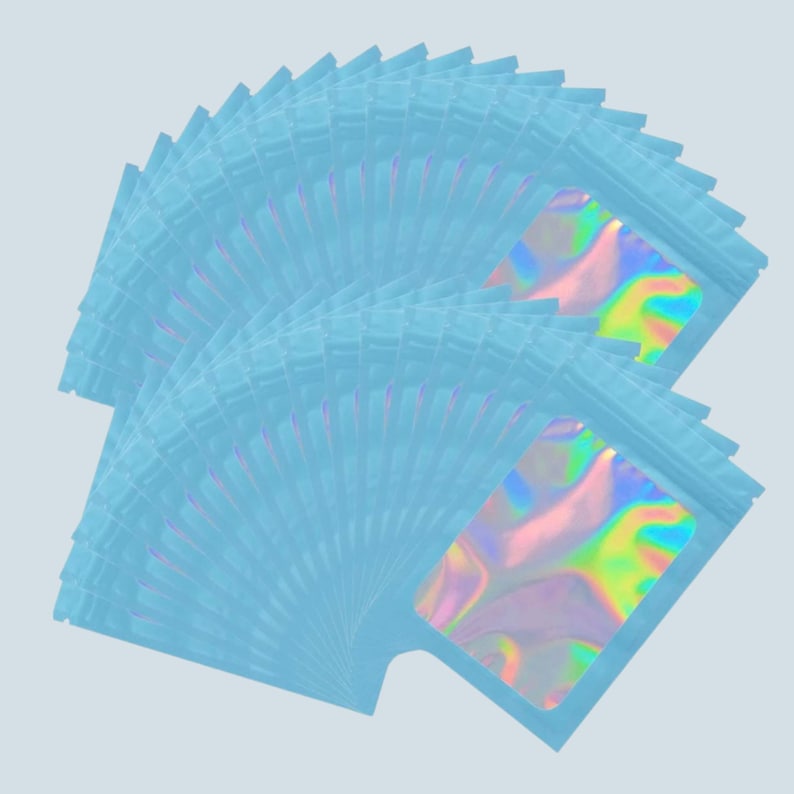 25 Holographic Foil Zipper Bags, 4x6 Resealable Pouches Pastel Blue Holo