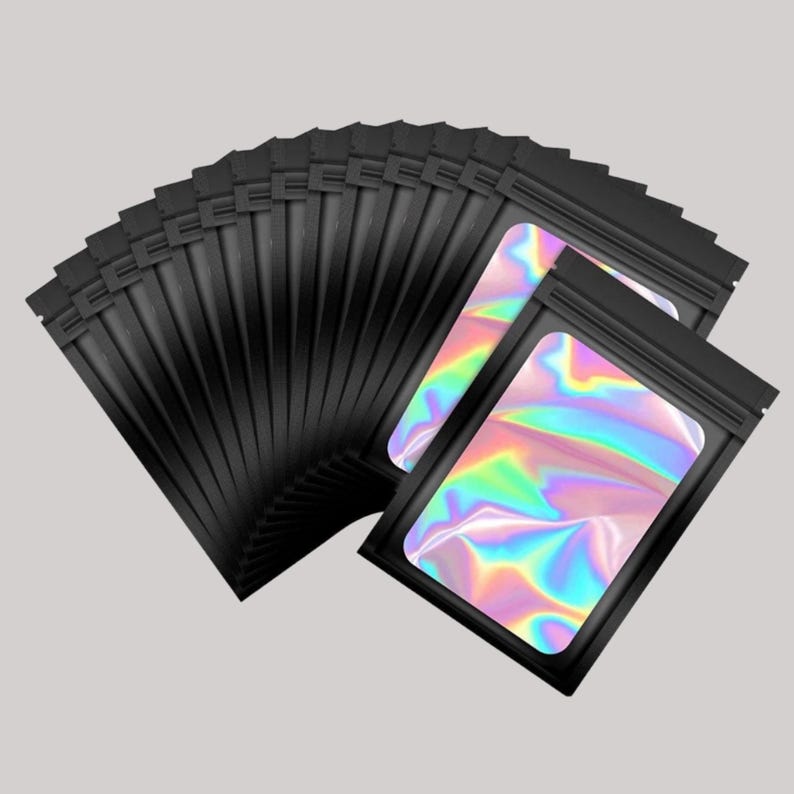 25 Holographic Foil Zipper Bags, 4x6 Resealable Pouches Black Holographic
