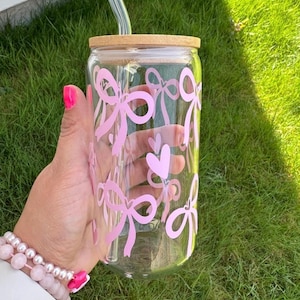 Coquette Glass Tumbler – Pink Bows Cup – Personalized or Standard – Iced Coffee Glass – 16 oz