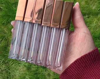 10pcs Empty 4ml Rose Gold Lip Gloss Tubes – Thin Metallic Square with Wand & Stopper