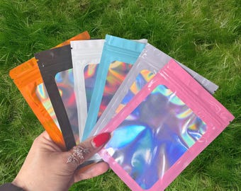 10 Holographic Foil Zipper Bags, 4x6 Resealable Pouches