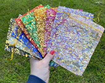 Gold Roses Organza Bags 5x7in, 10pcs - Elegant Drawstring Pouches for Gifts & Favors