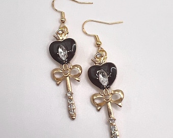 Heart Moon Scepter Earrings/ Anime/ Dangle/ Gold Enamel/ Sailor Moon/ 925 Hypoallergenic Hooks
