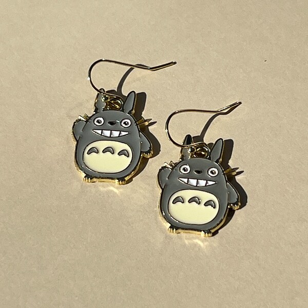 Totoro Earrings/ Anime/ Character Earrings/ Dangle/ Gold Enamel/ 925 Hypoallergenic Hooks