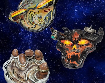 Handmade Clay Trinket Tray: Planet, Devil, Hand Designs