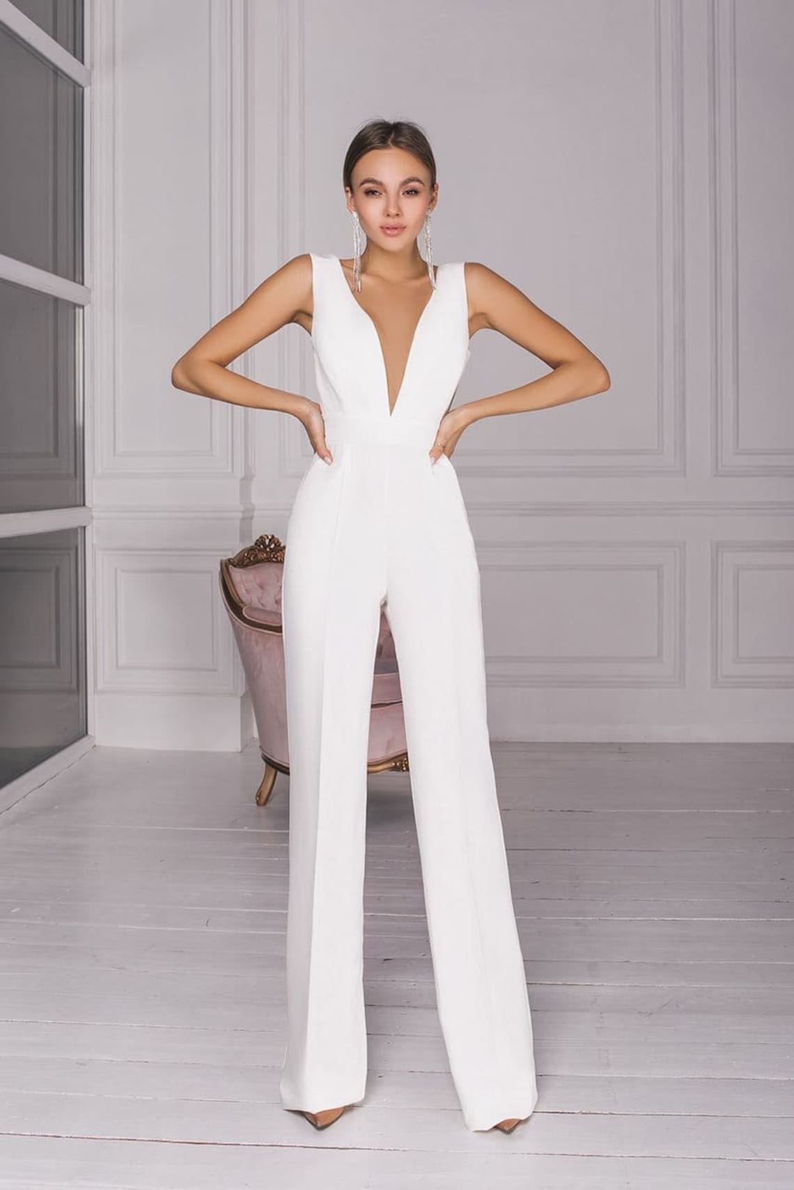 Persönliche Bestellung Hochzeit Jumpsuit weiß einfach v Hals Etsy