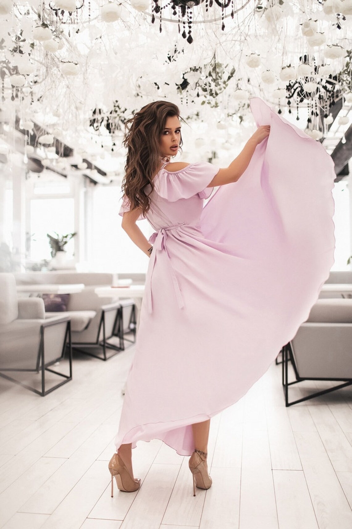 Pink picnic dress wrap summer dress open shoulders Etsy