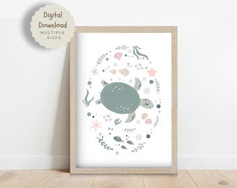 Póster de tortuga, póster infantil de criaturas marinas, guardería oceánica, decoración de sala de juegos, arte mural infantil, descarga digital instantánea