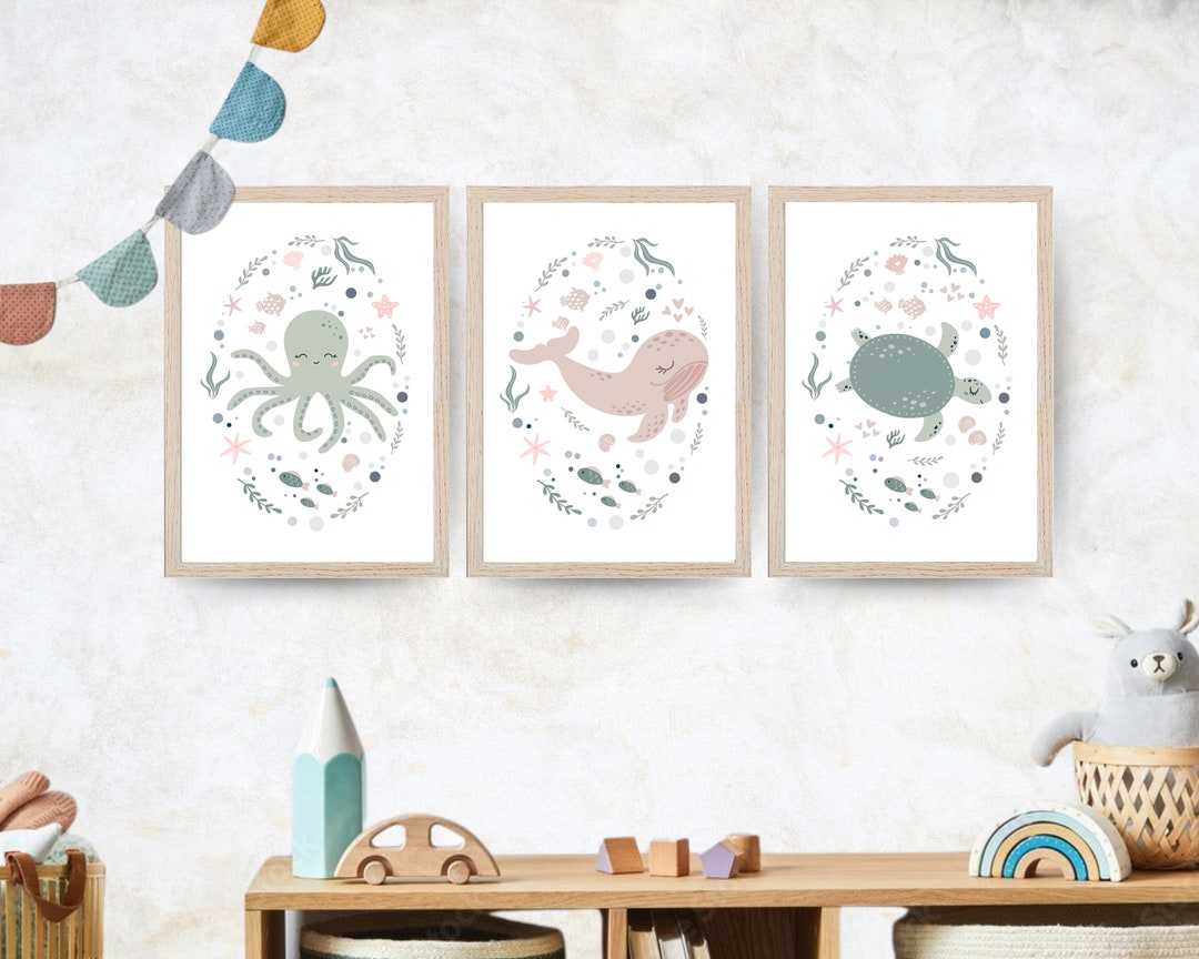 Set of 3 Sea Animals Wall Art Prints Kids Room, Whale Octopus Turtle ...