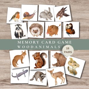 18 Animals Matching Game For Kids, Match Picture Card, Woodland Animals, Printable Toddler Preschool Montessori Flashcards Kindergarde