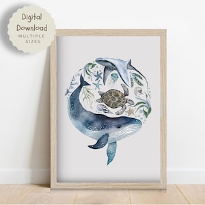 Cartel de acuarela de criaturas marinas, arte náutico de la pared de los niños, ballena, rayo, tortuga, mar, bajo el agua, decoración de la sala de juegos, descarga digital instantánea