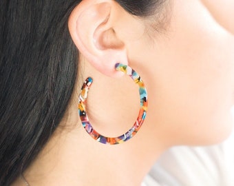 Rainbow Coloured Tortoise Shell Large Hoop Earrings | Colourful, Bright, Vibrant, Statement Hoop, Lightweight, Gift For Her