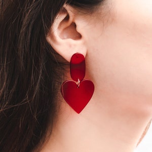 Red Heart Shaped Dangle Earrings Dark Red, Cute Heart, Lightweight, Love, Valentine's Earrings, Gift for Her image 1