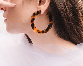 Dark Tortoise Shell Large Chunky Hoop Earrings | Large Tortoise Shell Hoops, Chunky Hoops, Simple Hoop, Gift for Her