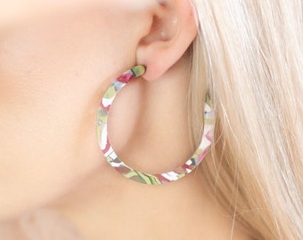 Pink and Green Tortoise Shell Large Hoop Earrings | Colourful, Bright, Statement Hoop, Lightweight, Gift For Her