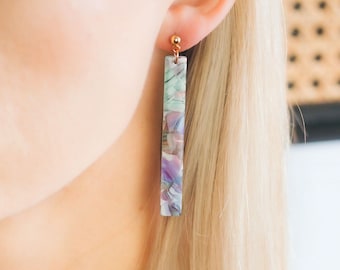 Pastel Green Purple and Pink Tortoise Shell Long Strip Dangle Earrings | Multicoloured, 2 Stud Options, Dangle and Stud, Lightweight, Gift