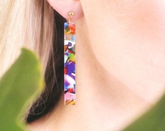 Rainbow Tortoise Shell Coloured Long Strip Dangle Earrings | 2 Stud Colours | Colourful, Vibrant, Bright, Strip and Stud, Lightweight, Gift