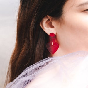 Red Heart Shaped Dangle Earrings Dark Red, Cute Heart, Lightweight, Love, Valentine's Earrings, Gift for Her image 2