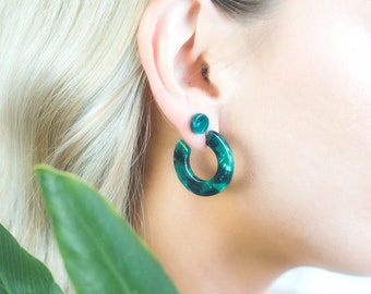 Small Chunky Hoop and Stud Multipack Dark Green Tortoise Shell Earrings | Earring Set, Tiny Small Stud, Lightweight, Everyday, Gift