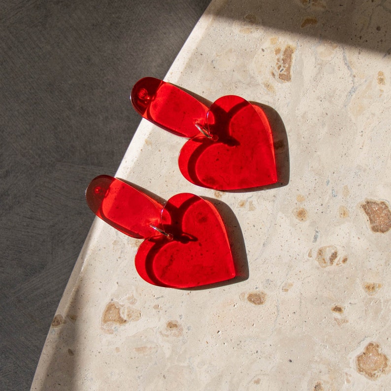 Red Heart Shaped Dangle Earrings Dark Red, Cute Heart, Lightweight, Love, Valentine's Earrings, Gift for Her image 3