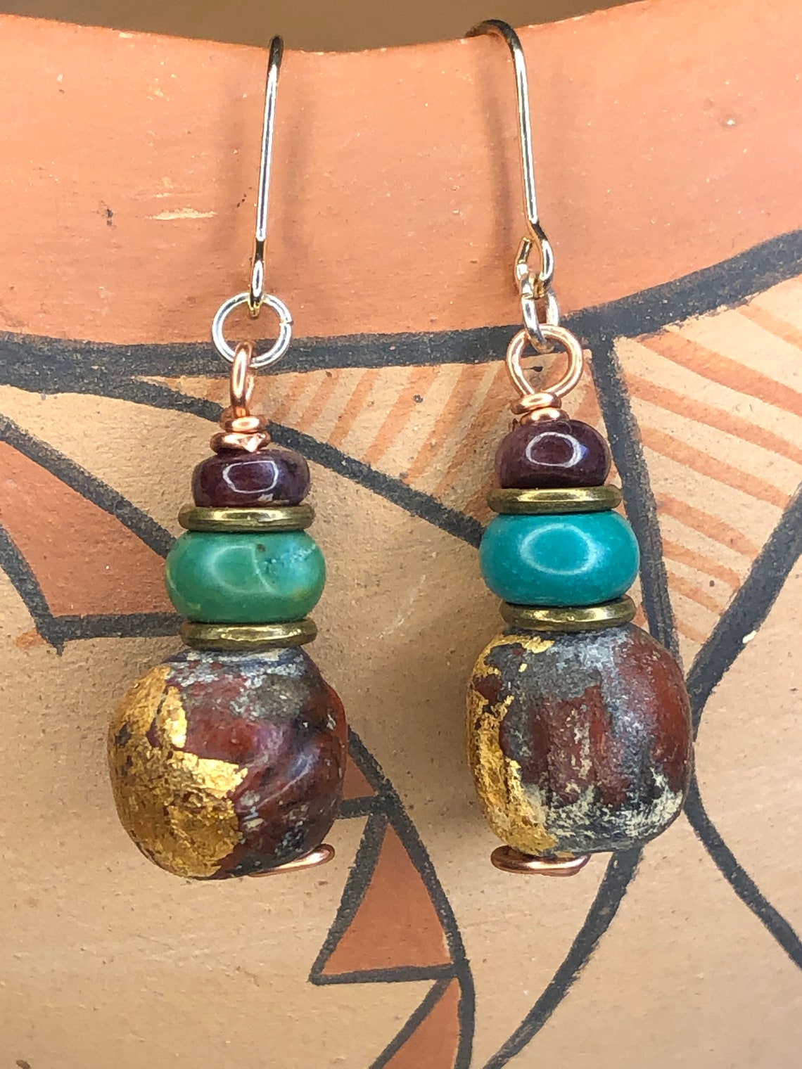 Tibetan Monk made clay bead with gold leaf Buddha Turquoise Etsy