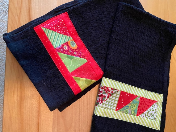 Set of Two Black Christmas Handmade Quilted Kitchen Towels 