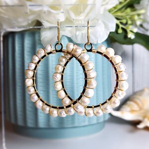 Pearl Hoop Earrings | Fresh Water Pearl | Handmade 40mm Beaded Hoops | Gold Wire Wrapped | Feminine | Chic | Gifts for Her | 18K Gold Plated