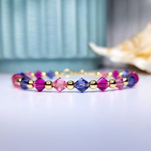 Ruby, Fuchsia, & Tanzanite Crystal Bracelet | 14K Gold Beaded Crystal Bangle | Steel | Handmade Wire Wrapped Jewelry | Hook and Eye Clasp
