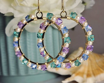 Crystal Hoop Earrings | Aquatic Blue Green Purple Iridescent | Handmade 40mm Shimmery Hoops | Gold Wire Wrapped | Czech Pearl | Gift for Her