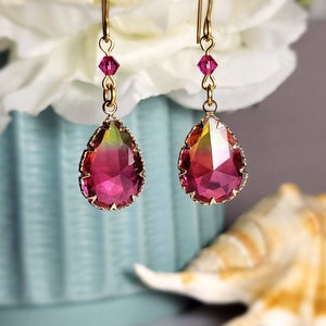 Pink Tourmaline Drop Earrings | Dainty | Gold | Swarovski Crystal Drop Earrings | Minimalist | Bridesmaid | Wedding | Birthday Gift for Her