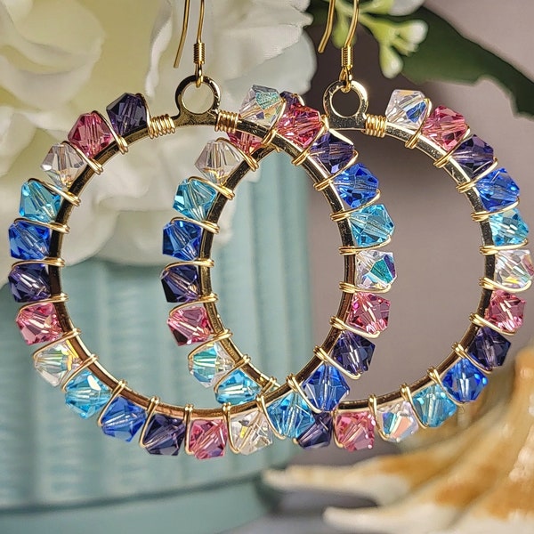 Crystal Hoop Earrings | Blue Pink Purple Iridescent | Handmade 40mm Hoops | Gold Wire Wrapped | Shimmery | Gifts for Her | 18K Gold Plated
