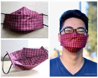 Origami 3D Mask Red Plaid With Nose Wire // 3 layer